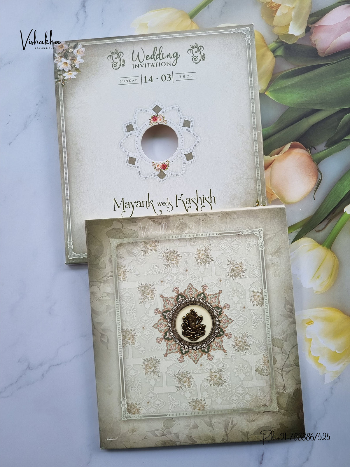 Semi Box Ganesh Ji Flower Hindu Jain invitation Cards NA-1126-23 – image 1