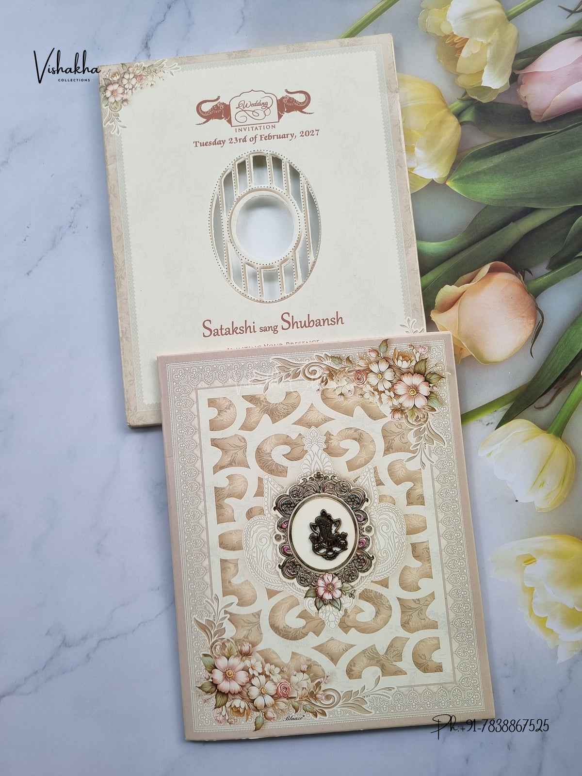 Semi Box Ganesh Ji Flower Geometric Hindu Jain invitation Cards NA-1126-26 – image 1