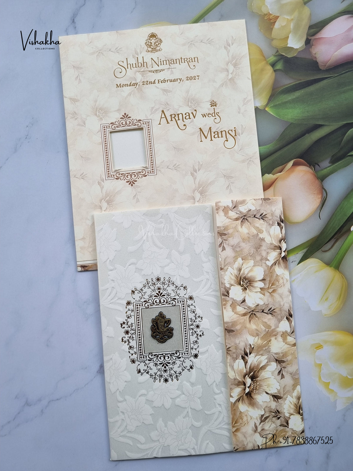 Double Door Ganesh Ji Flower Hindu Jain invitation Cards NA-1126-298 – image 1