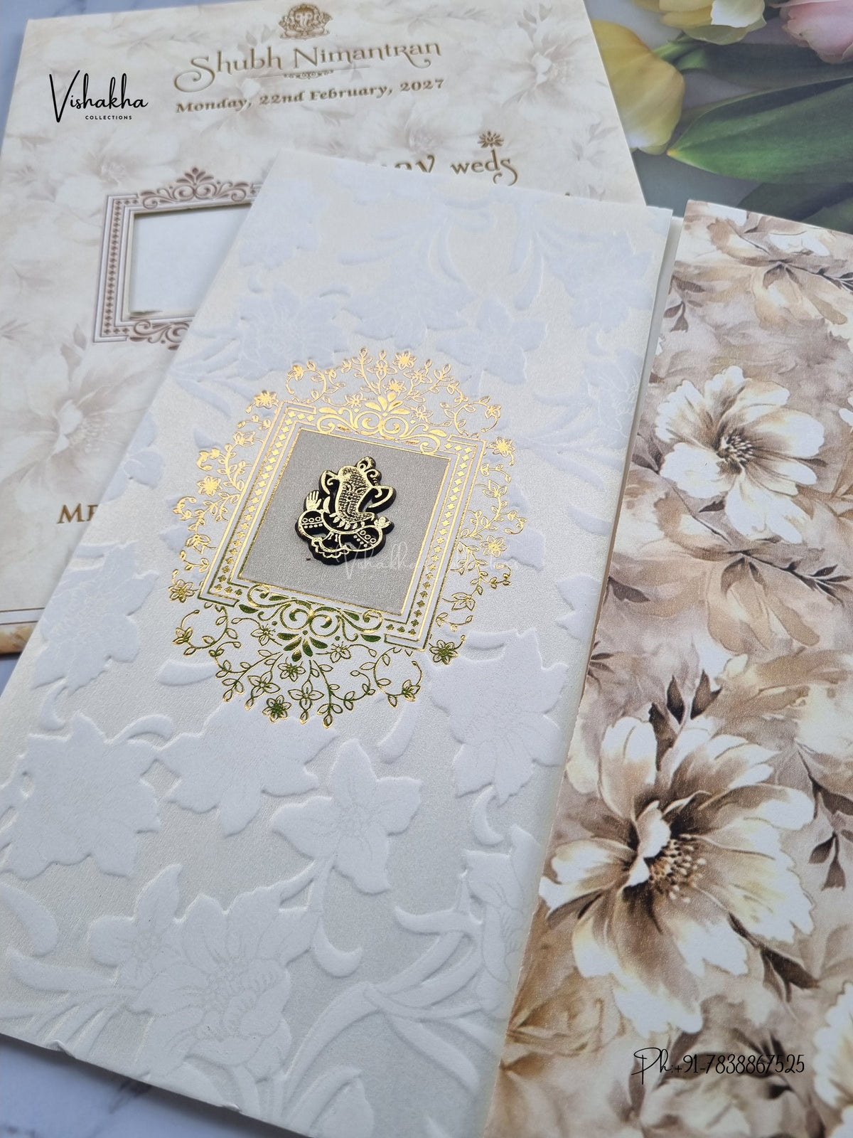 Double Door Ganesh Ji Flower Hindu Jain invitation Cards NA-1126-298 – image 2