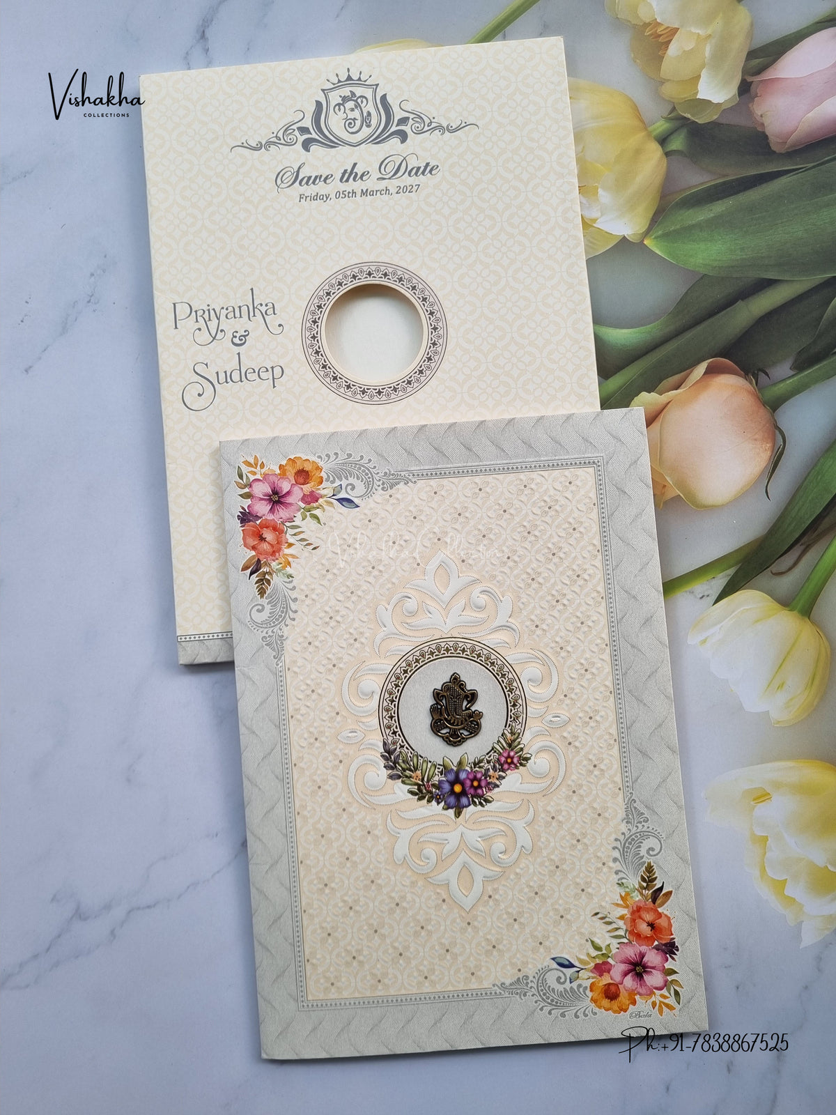 Semi Box Ganesh Ji Flower Hindu Jain invitation Cards NA-1126-303 – image 1