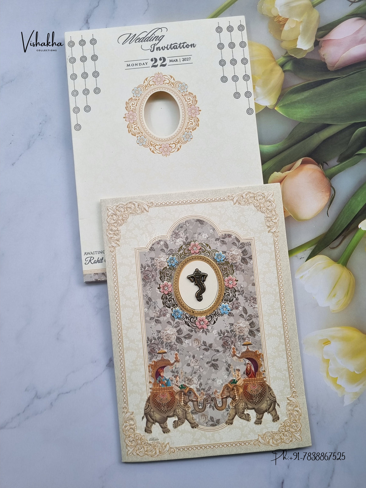 Semi Box Ganesh Ji Barat Hathi Hindu Jain invitation Cards NA-1126-304 – image 1