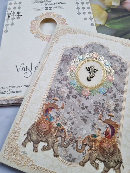 Semi Box Ganesh Ji Barat Hathi Hindu Jain invitation Cards NA-1126-304 – image 2
