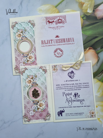 Ribbon Ganesh Ji Flower Hindu Jain invitation Cards NA-1126-44 – image 1