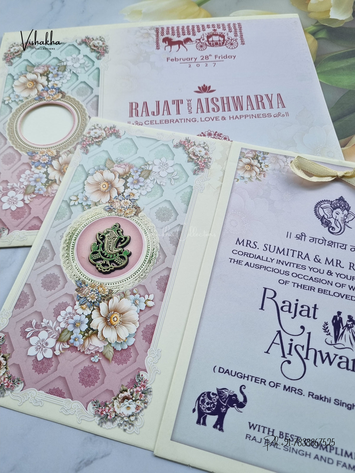 Ribbon Ganesh Ji Flower Hindu Jain invitation Cards NA-1126-44 – image 2