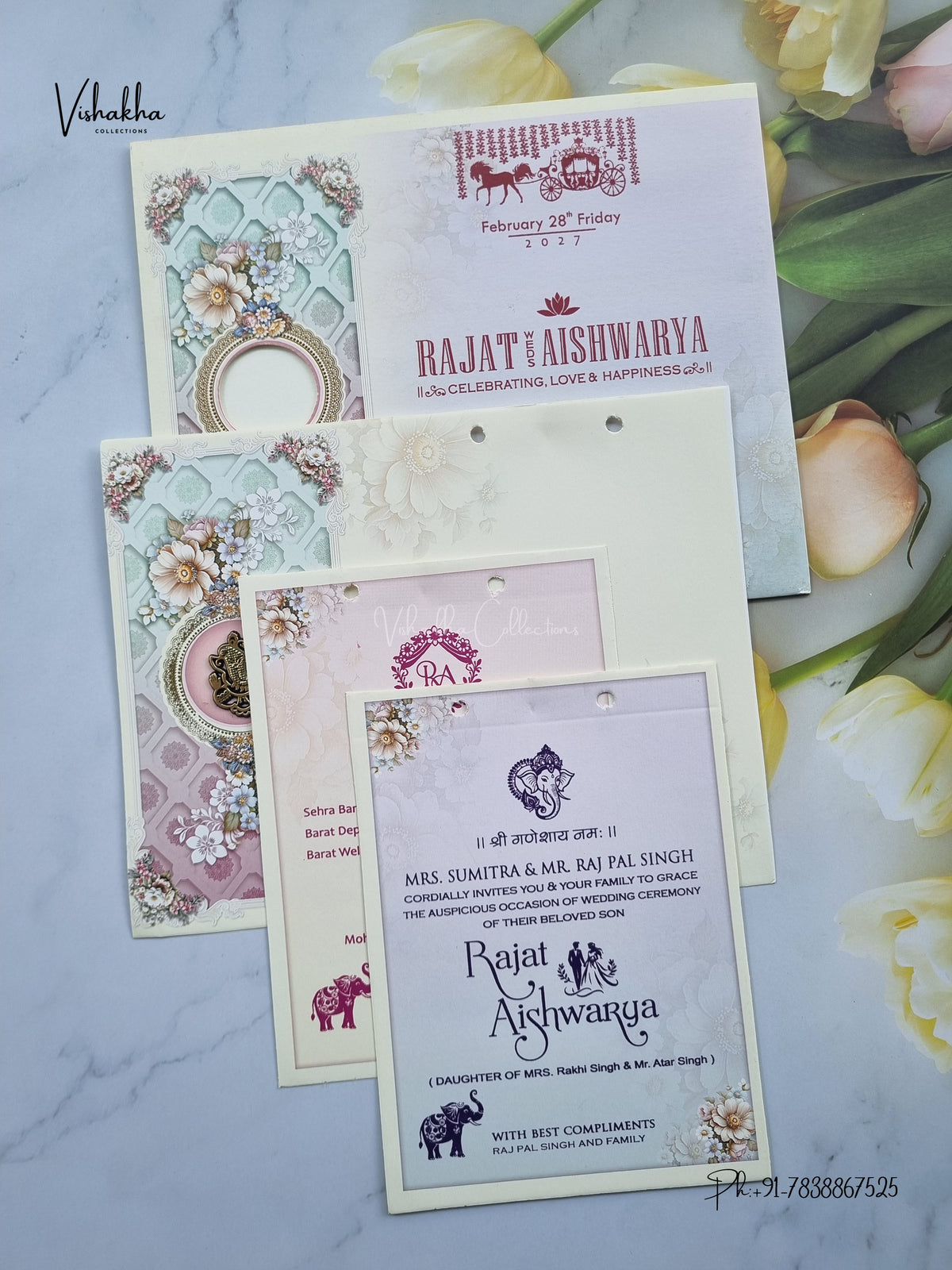 Ribbon Ganesh Ji Flower Hindu Jain invitation Cards NA-1126-44 – image 3