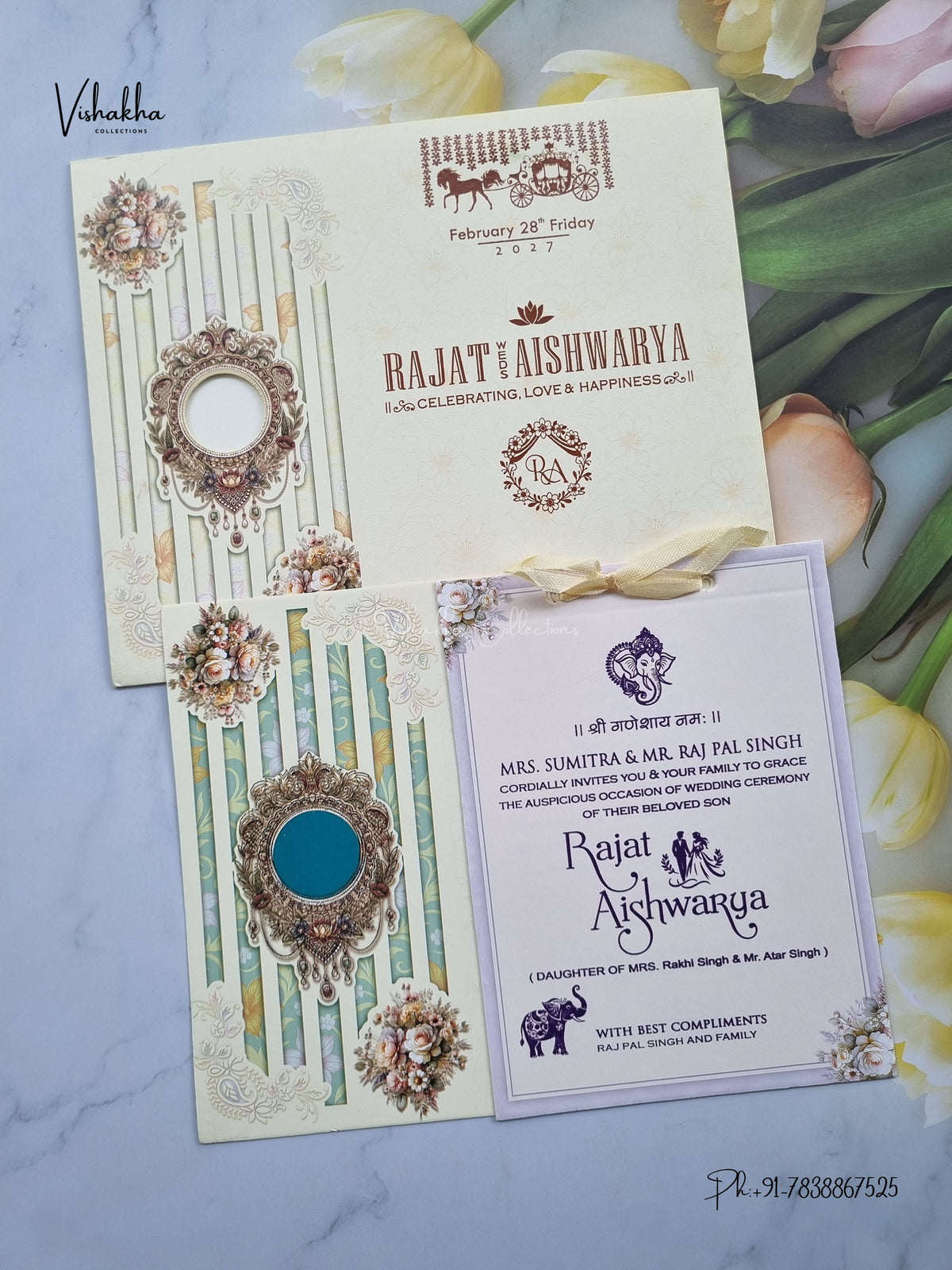 Ribbon Flower Hindu Muslim Christian Sikh Jain invitation Cards NA-1126-45 – image 1