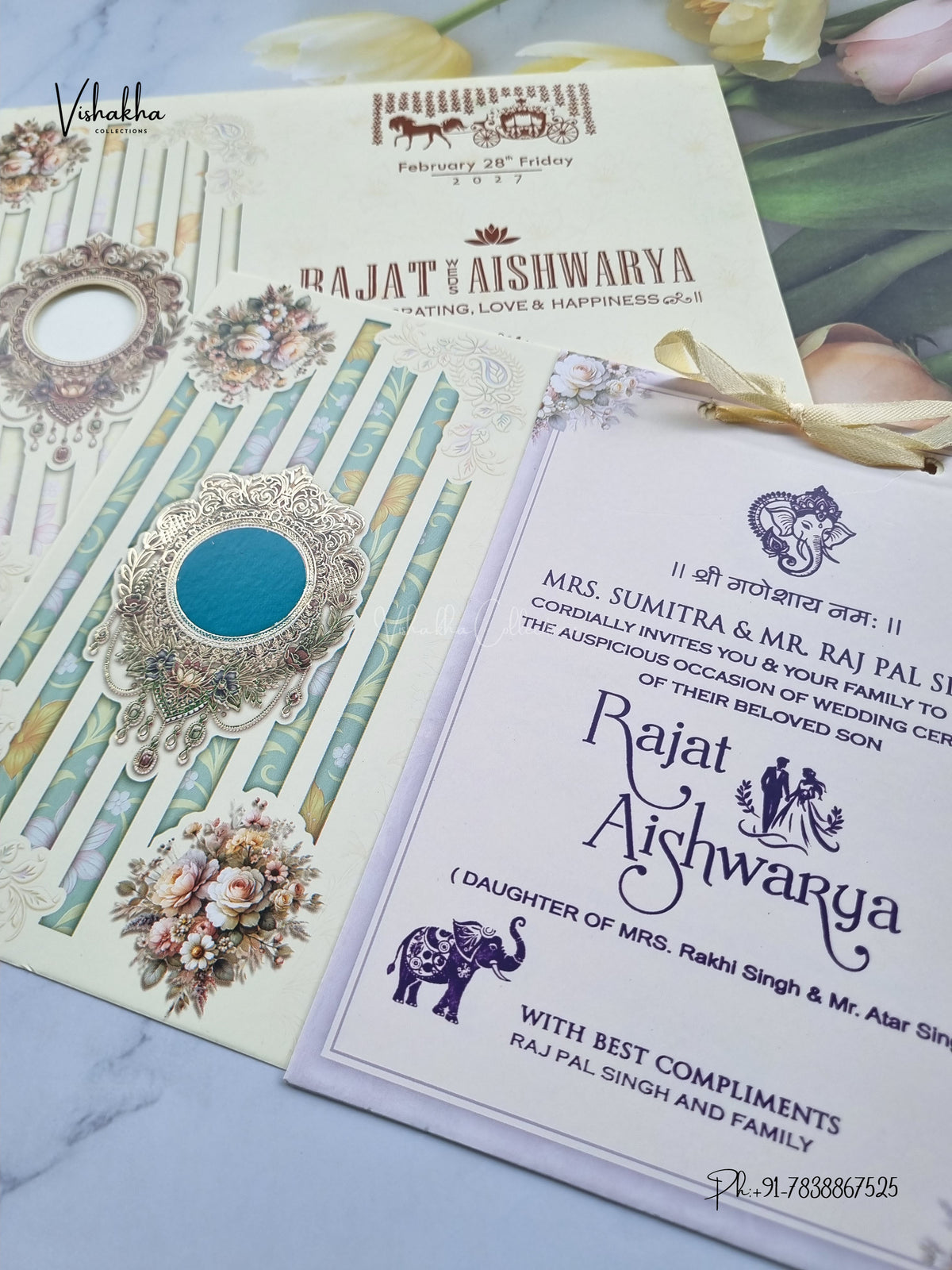 Ribbon Flower Hindu Muslim Christian Sikh Jain invitation Cards NA-1126-45 – image 2