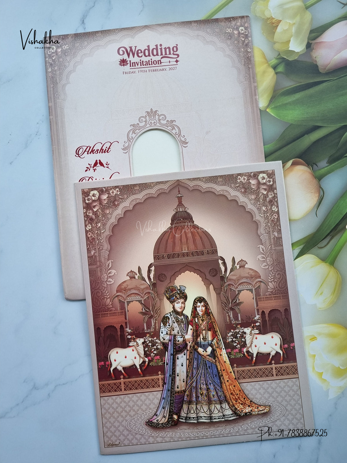 Radha Krishna Dulah Dulhan Kamdhenu Cow Hindu Jain invitation Cards NA-1126-48 – image 1