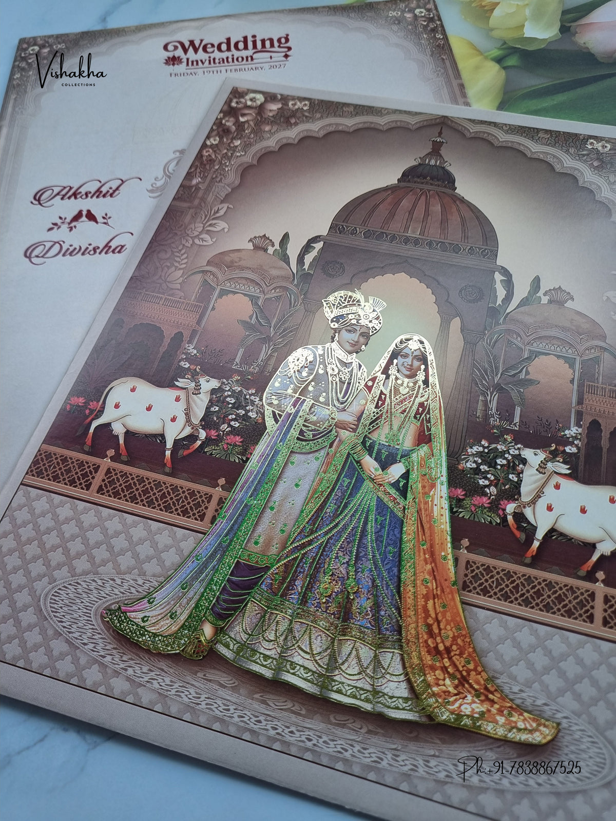 Radha Krishna Dulah Dulhan Kamdhenu Cow Hindu Jain invitation Cards NA-1126-48 – image 2