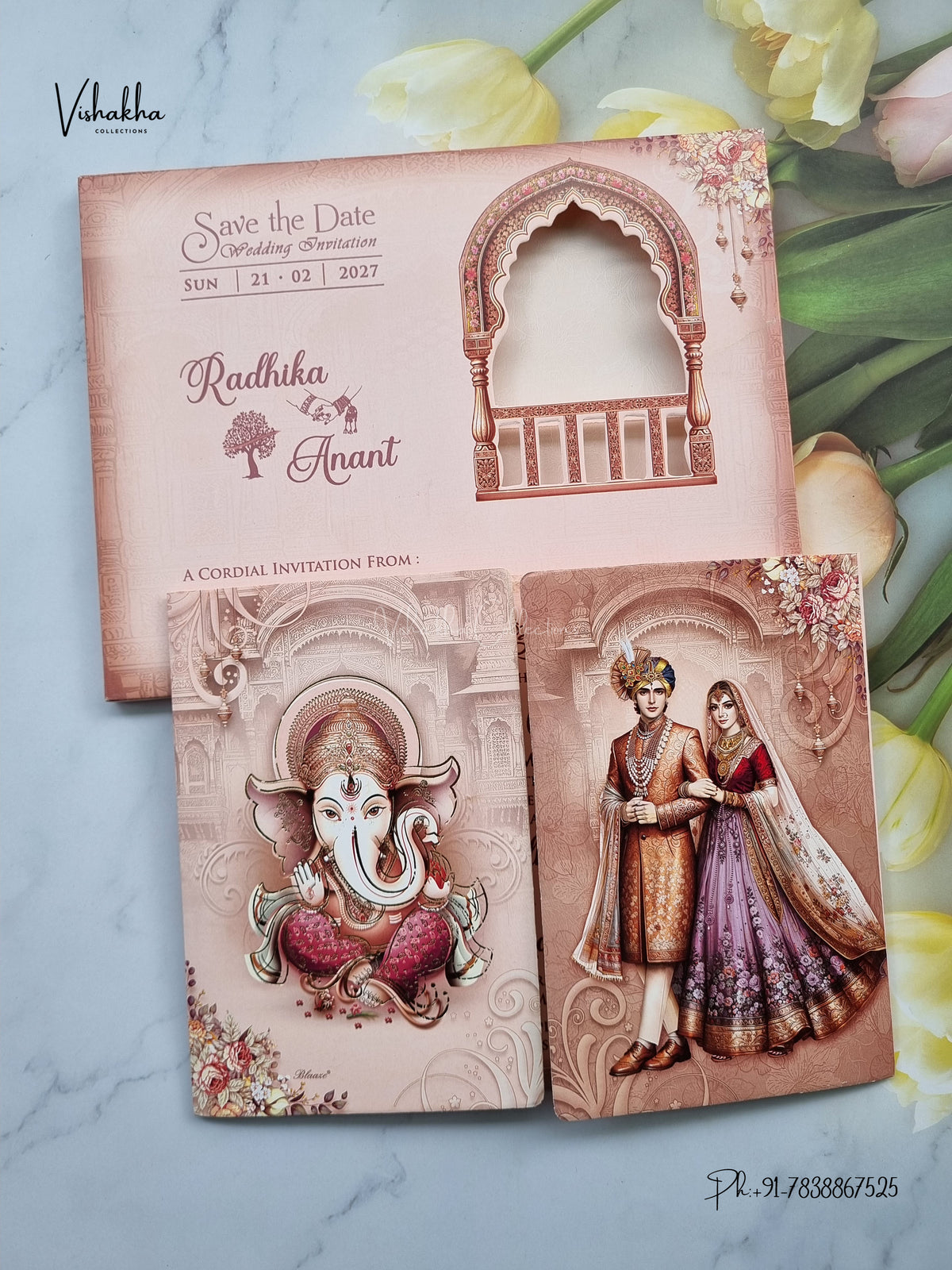 Semi Box Double Door Ganesh Ji Dulah Dulhan Hindu Jain invitation Cards NA-1126-56 – image 1