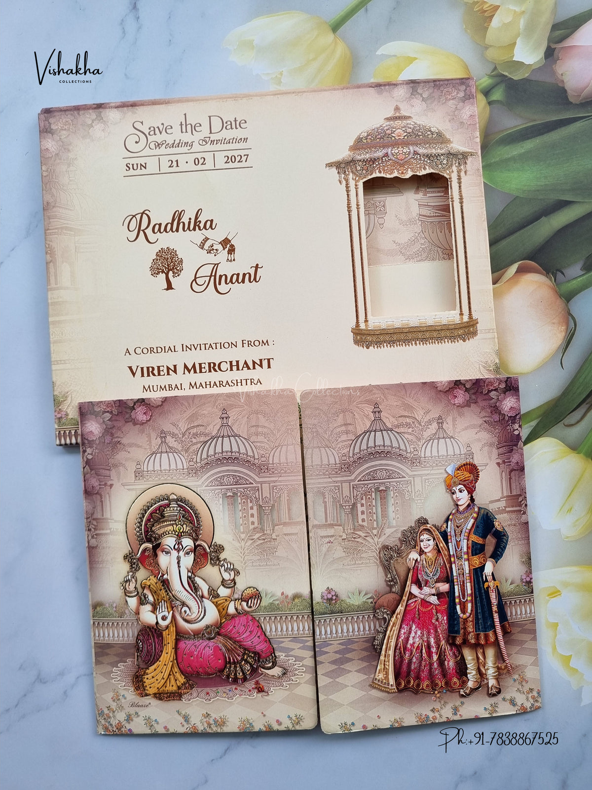 Semi Box Double Door Ganesh Ji Dulah Dulhan Hindu Jain invitation Cards NA-1126-57 – image 1