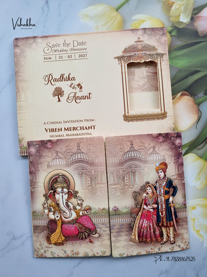 Semi Box Double Door Ganesh Ji Dulah Dulhan Hindu Jain invitation Cards NA-1126-57 – image 1