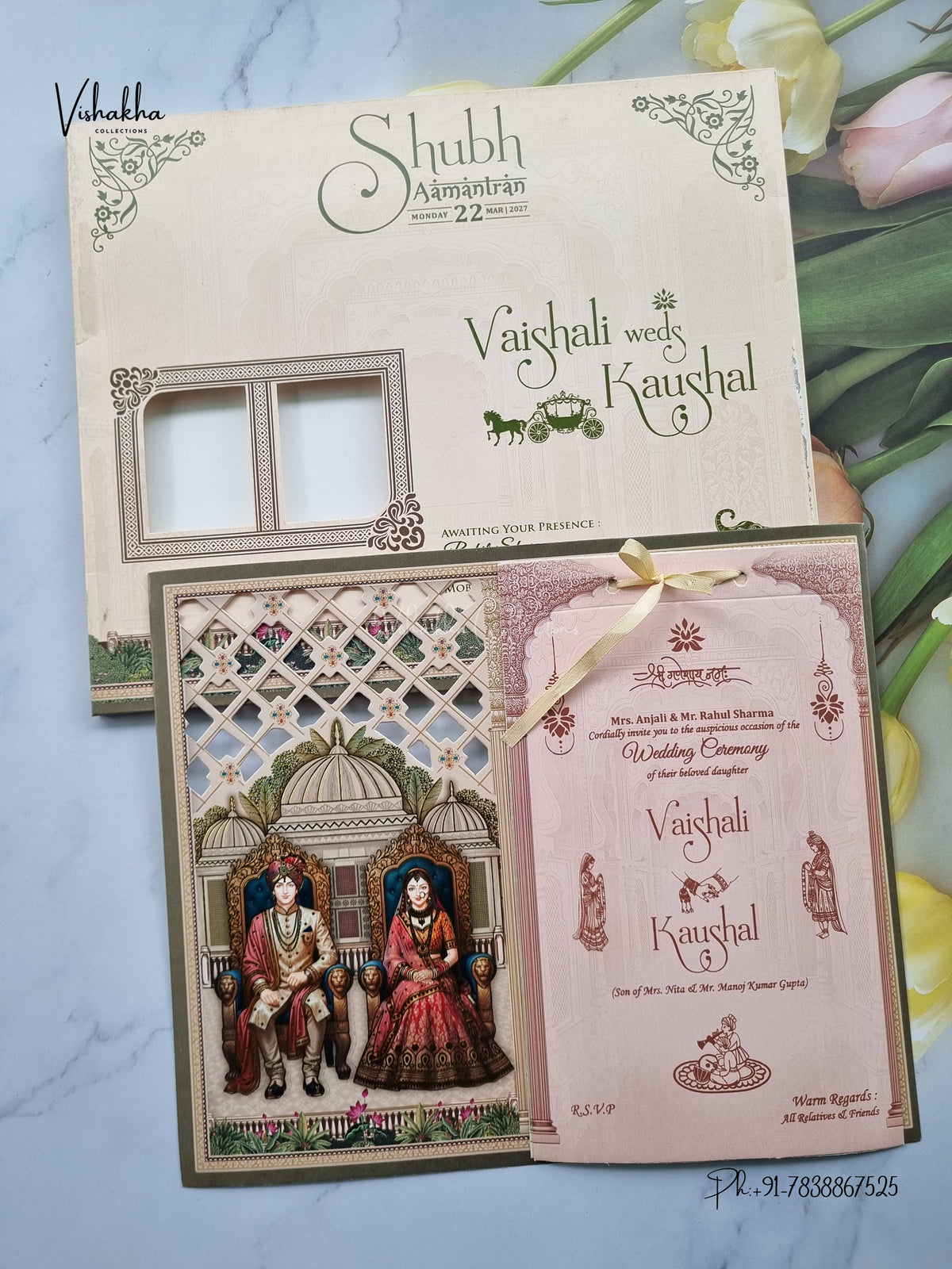 Semi Box Ribbon Dulah Dulhan Hindu Sikh Jain invitation Cards NA-1126-64 – image 1