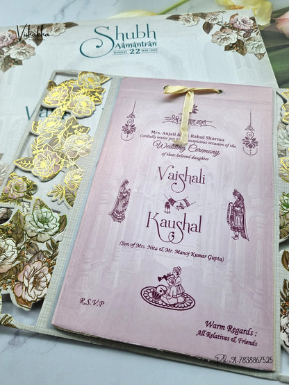Semi Box Ribbon Flower Hindu Muslim Christian Sikh Jain invitation Cards NA-1126-66 – image 2
