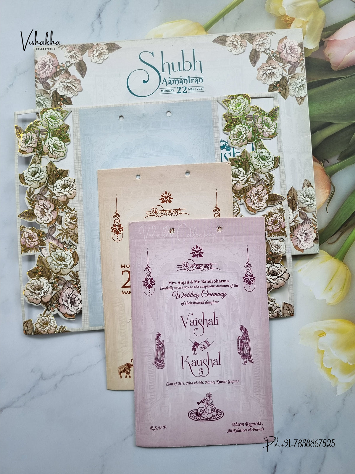 Semi Box Ribbon Flower Hindu Muslim Christian Sikh Jain invitation Cards NA-1126-66 – image 3