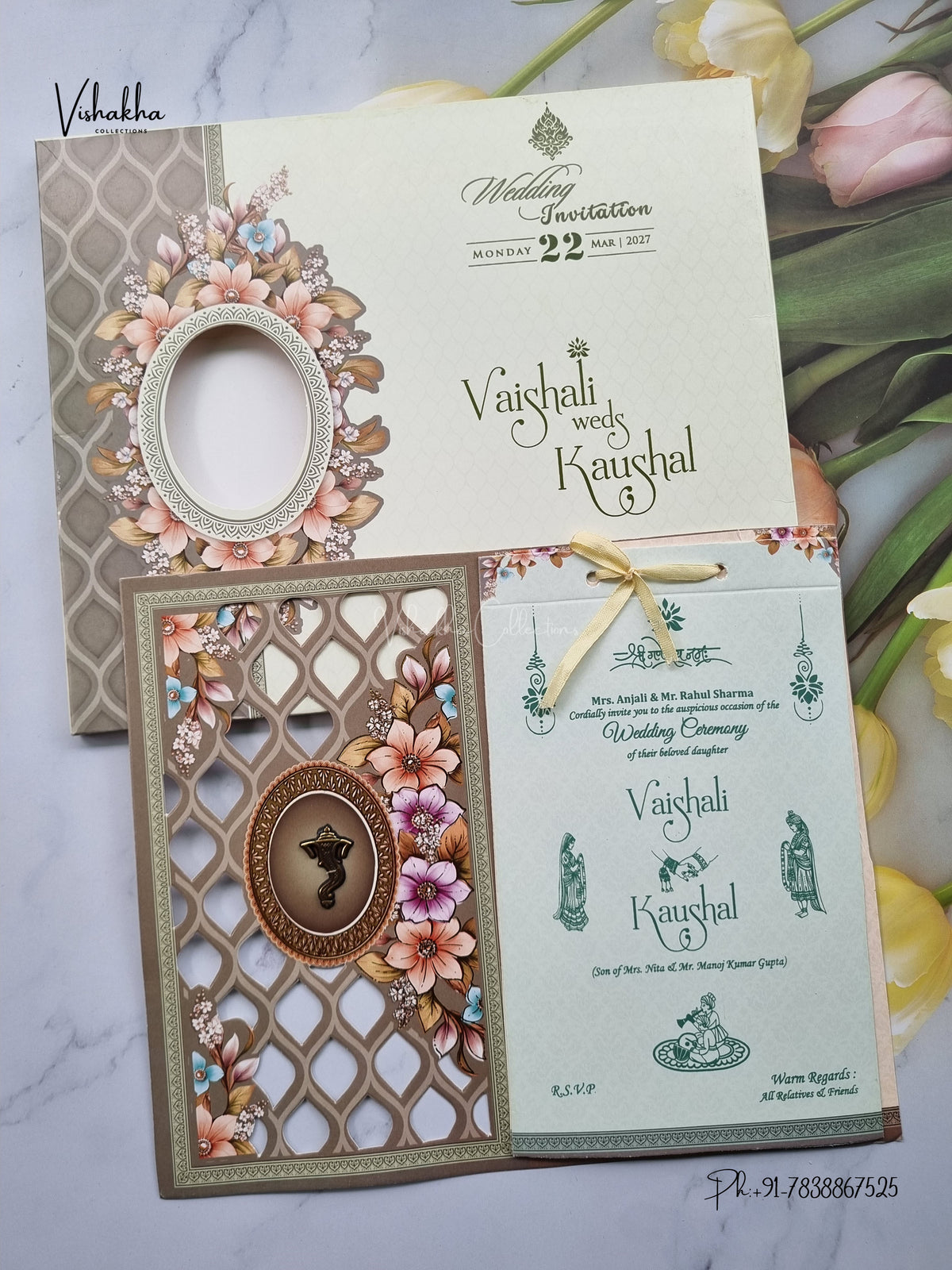 Semi Box Ribbon Ganesh Ji Flower Hindu Jain invitation Cards NA-1126-67 – image 1