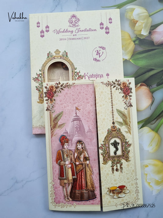 Semi Box Double Door Ganesh Ji Dulah Dulhan Hindu Jain invitation Cards NA-1126-68 – image 1