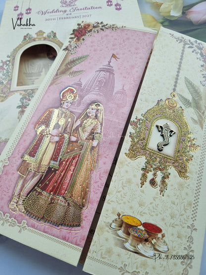 Semi Box Double Door Ganesh Ji Dulah Dulhan Hindu Jain invitation Cards NA-1126-68 – image 2