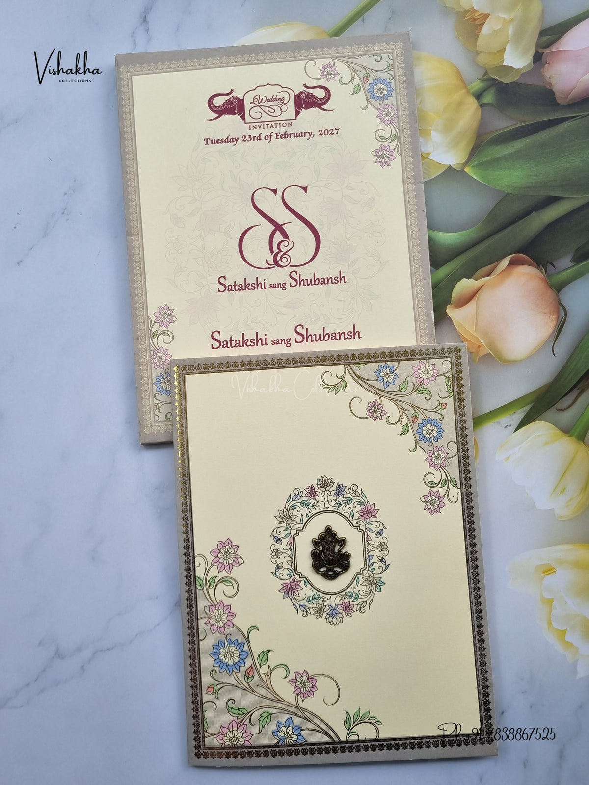 Semi Box Ganesh Ji Flower Hindu Jain invitation Cards NA-1126-76 – image 1