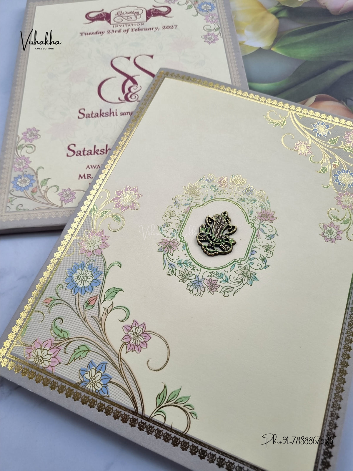 Semi Box Ganesh Ji Flower Hindu Jain invitation Cards NA-1126-76 – image 2