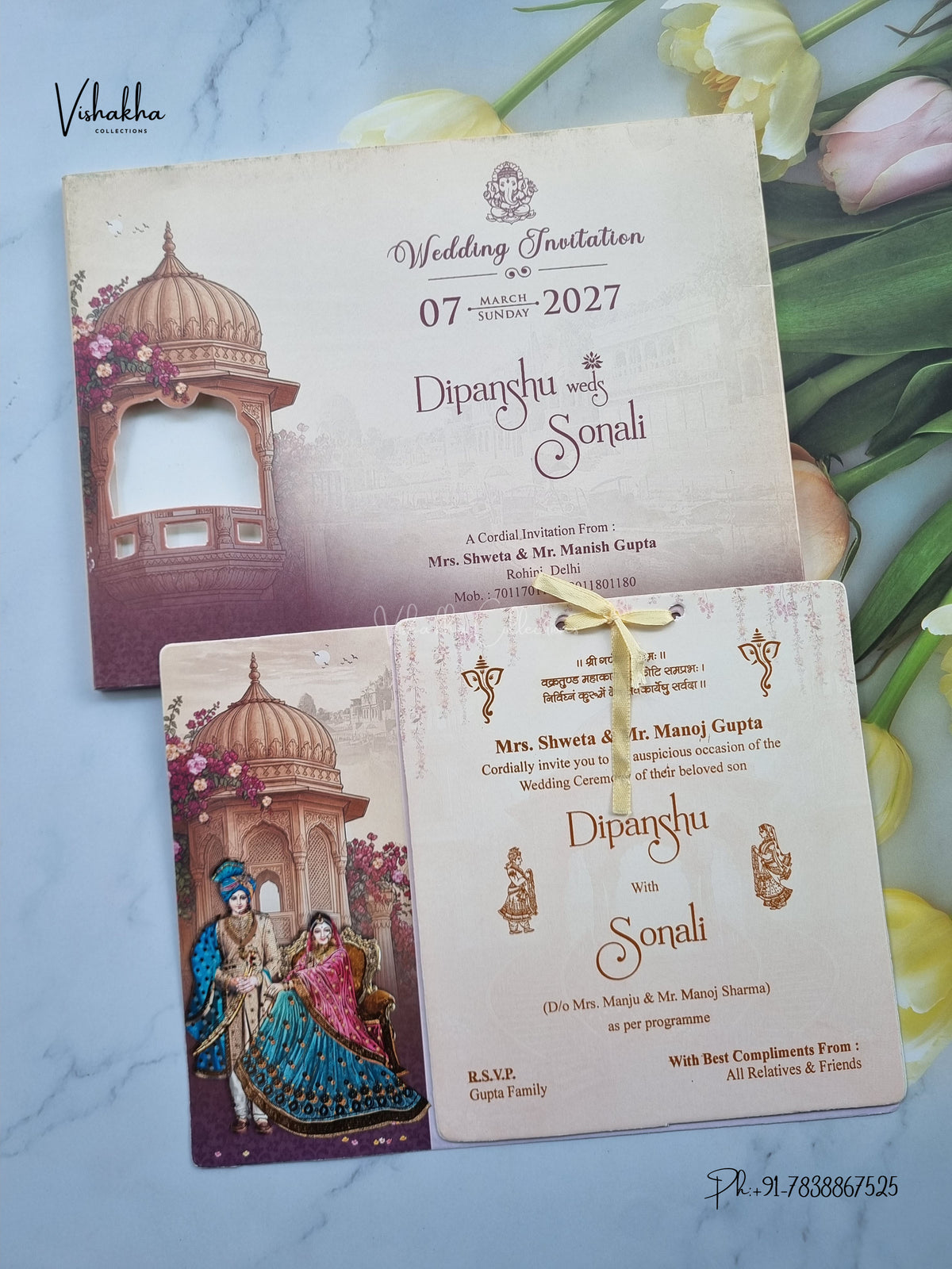 Semi Box Ribbon Dulah Dulhan Jharokha Hindu Sikh Jain invitation Cards NA-1126-77 – image 1