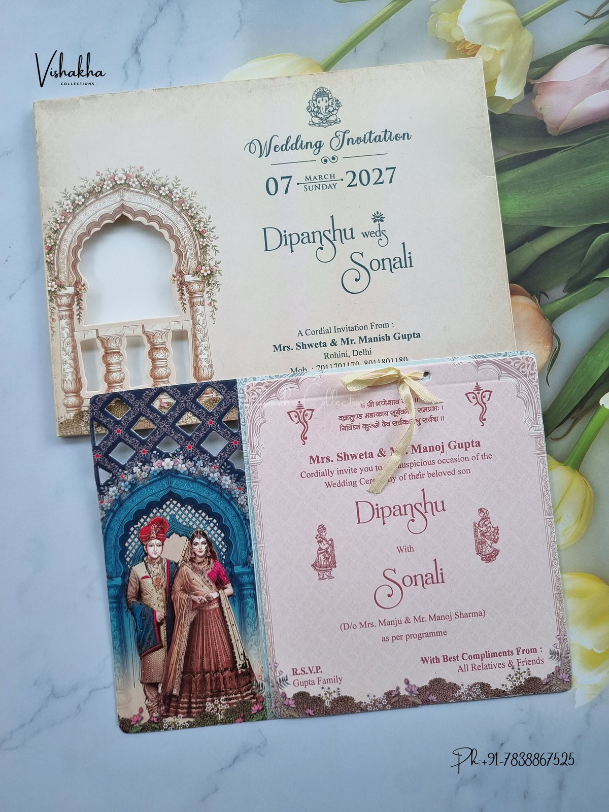 Semi Box Ribbon Dulah Dulhan Jharokha Hindu Sikh Jain invitation Cards NA-1126-78 – image 1