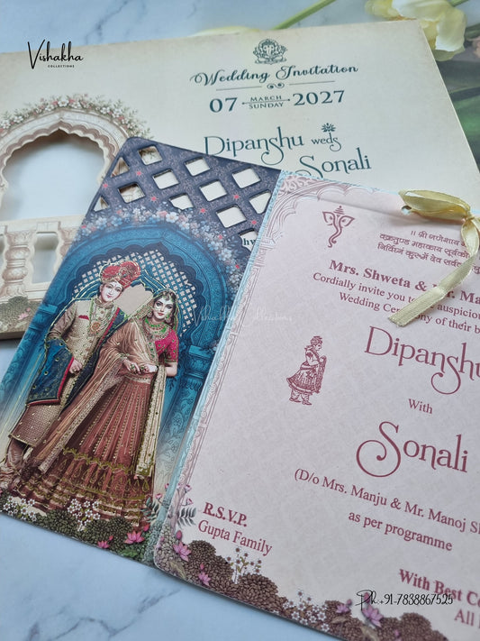 Semi Box Ribbon Dulah Dulhan Jharokha Hindu Sikh Jain invitation Cards NA-1126-78 – image 2