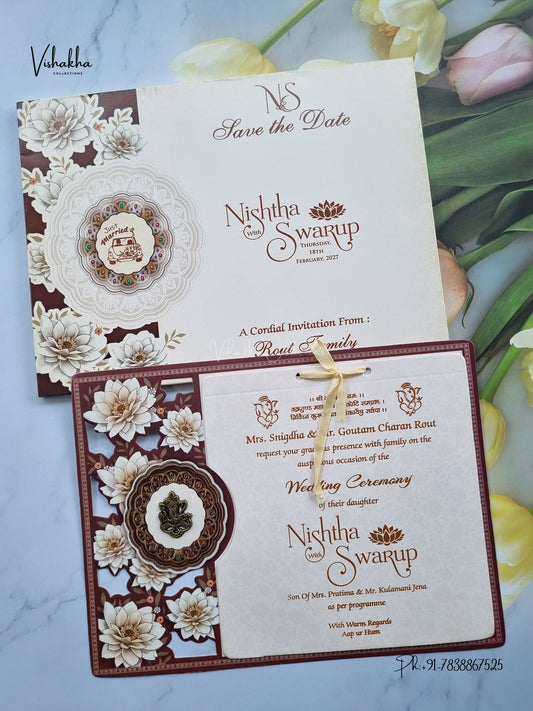 Semi Box Ribbon Ganesh Ji Flower Hindu Jain invitation Cards NA-1126-79 – image 1