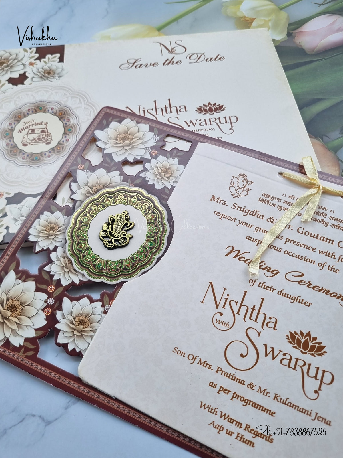 Semi Box Ribbon Ganesh Ji Flower Hindu Jain invitation Cards NA-1126-79 – image 2