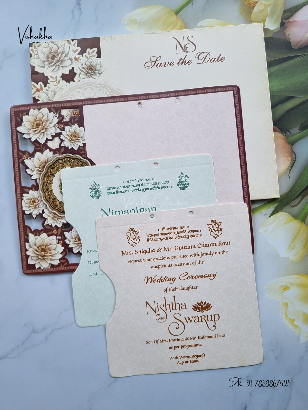 Semi Box Ribbon Ganesh Ji Flower Hindu Jain invitation Cards NA-1126-79 – image 3