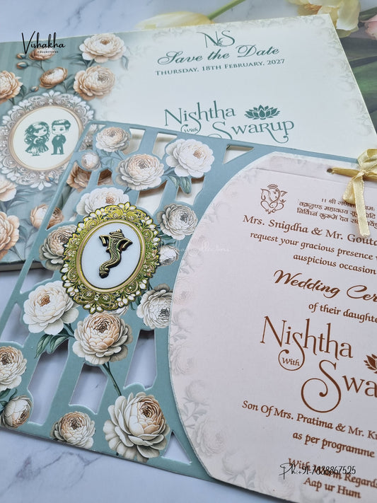 Semi Box Ribbon Ganesh Ji Flower Hindu Jain invitation Cards NA-1126-80 – image 2