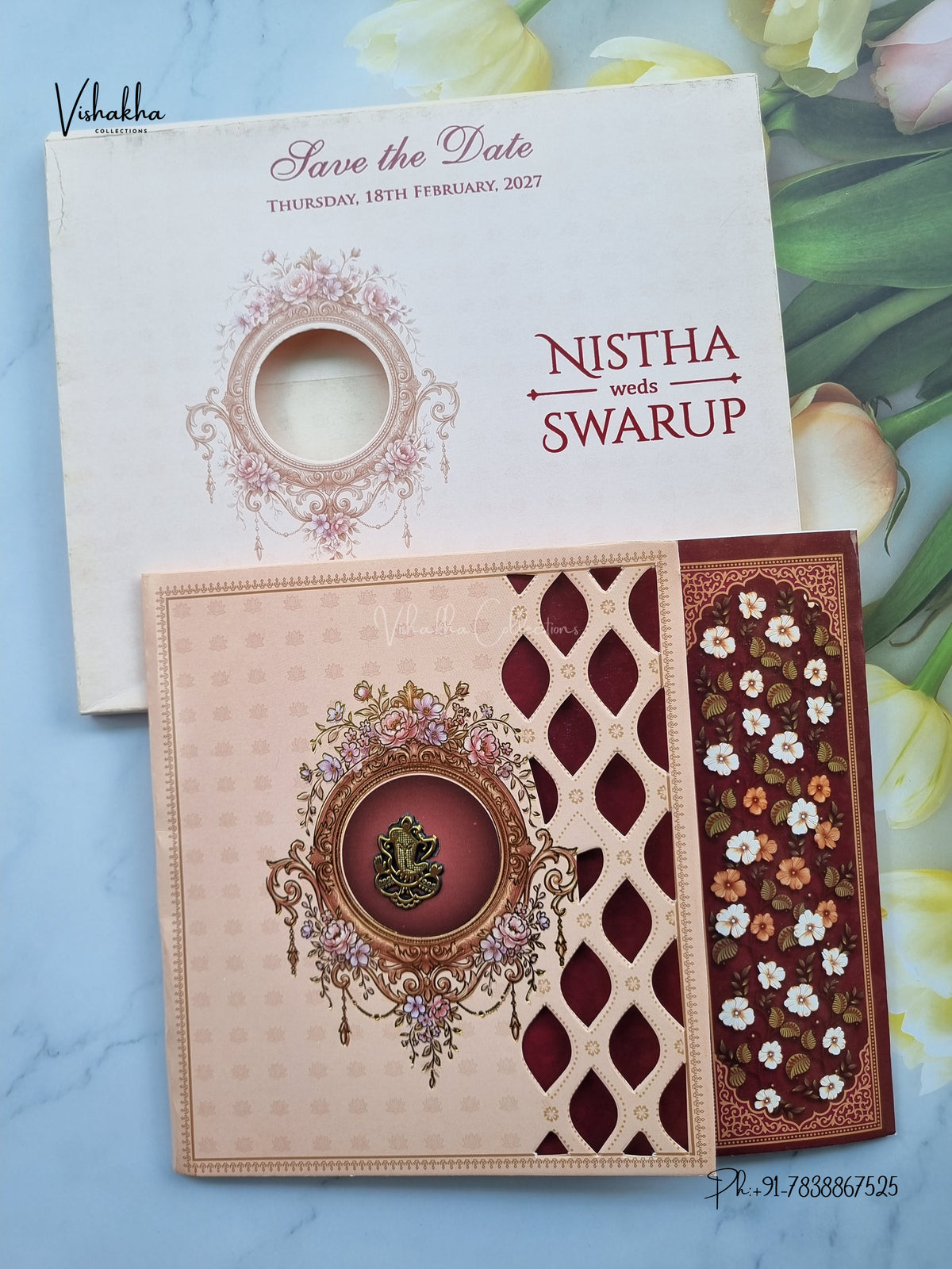 Semi Box Double Door Ganesh Ji Flower Hindu Jain invitation Cards NA-1126-92 – image 1