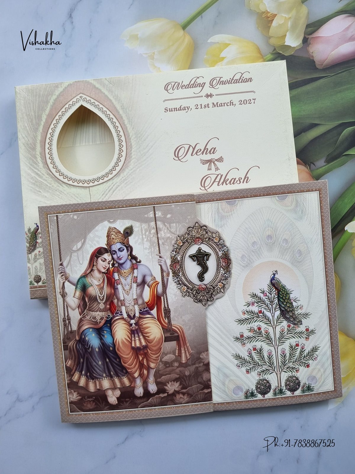 Semi Box Double Door Ganesh Ji Radha Krishna Peacock Hindu Jain invitation Cards NA-1126-93 – image 1