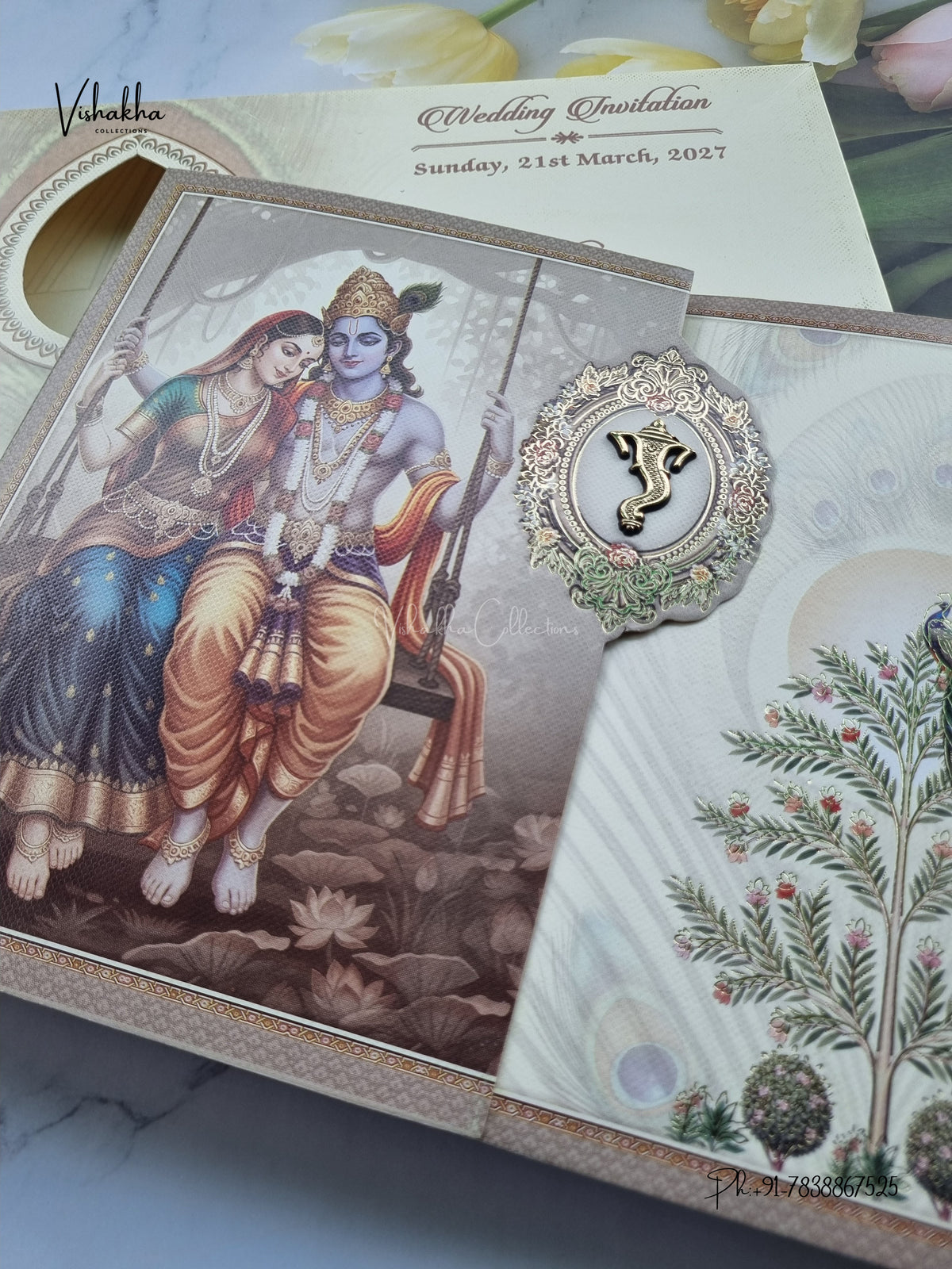 Semi Box Double Door Ganesh Ji Radha Krishna Peacock Hindu Jain invitation Cards NA-1126-93 – image 2