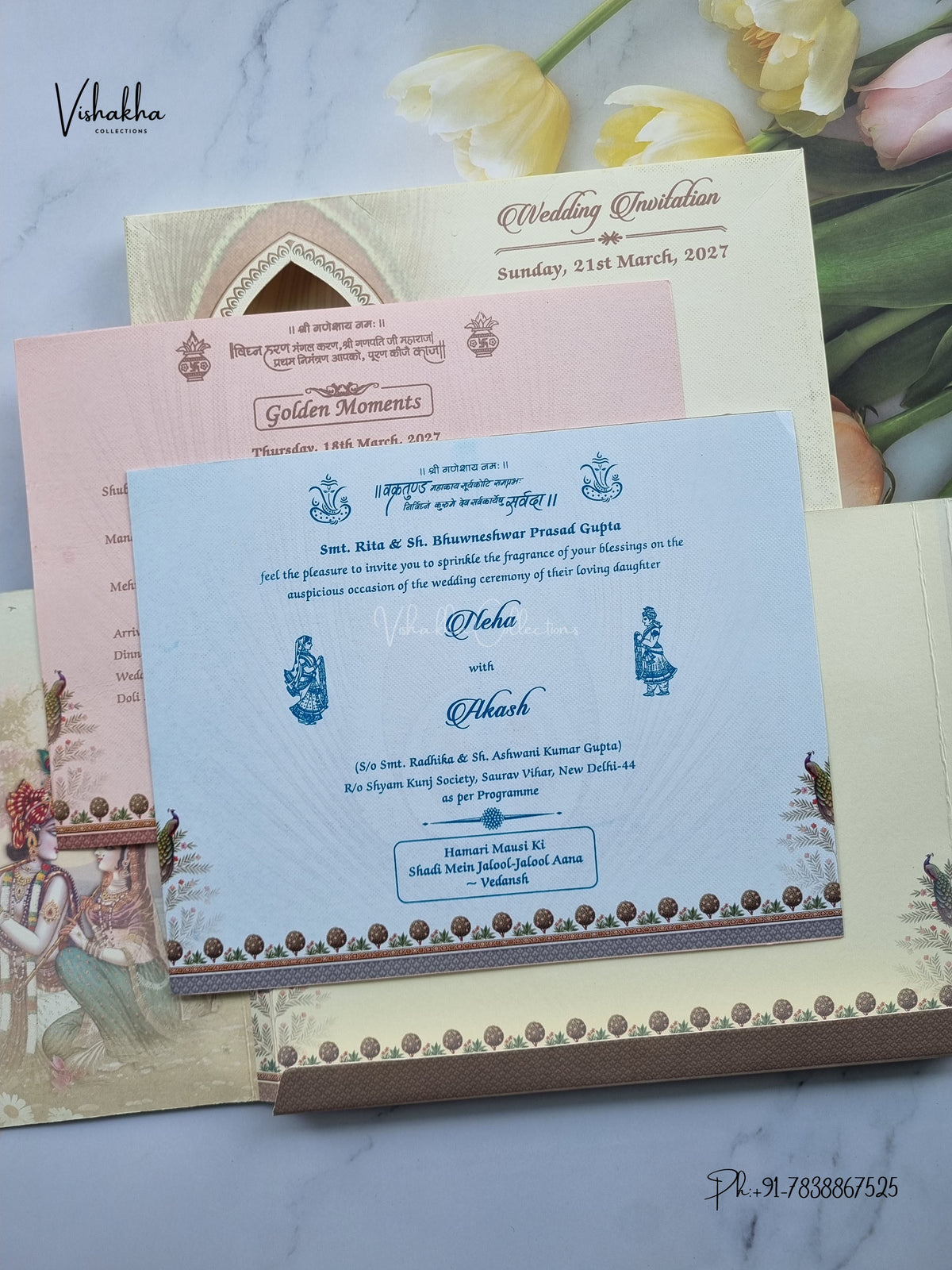 Semi Box Double Door Ganesh Ji Radha Krishna Peacock Hindu Jain invitation Cards NA-1126-93 – image 3