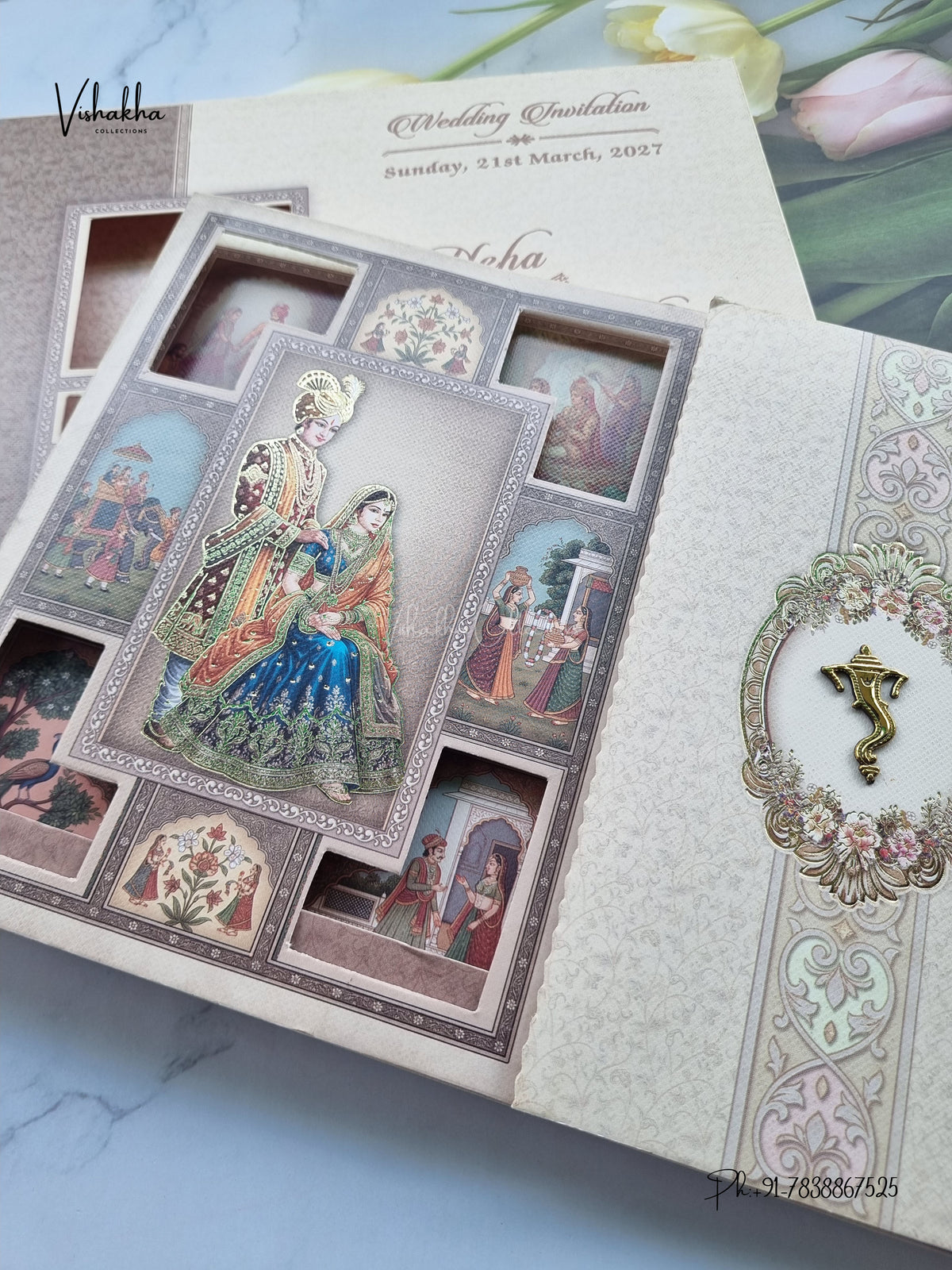 Semi Box Double Door Ganesh Ji Dulah Dulhan Barat Hindu Jain invitation Cards NA-1126-94 – image 2