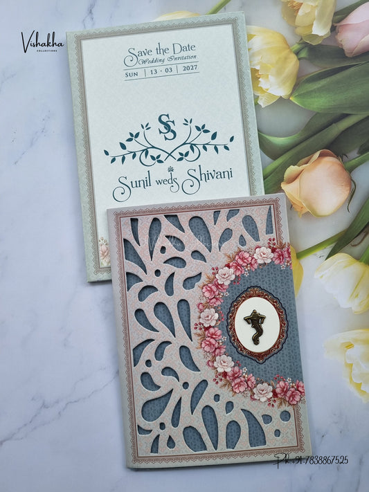 Semi Box Three Fold Ganesh Ji Flower Hindu Jain invitation Cards NA-1126-95 – image 1