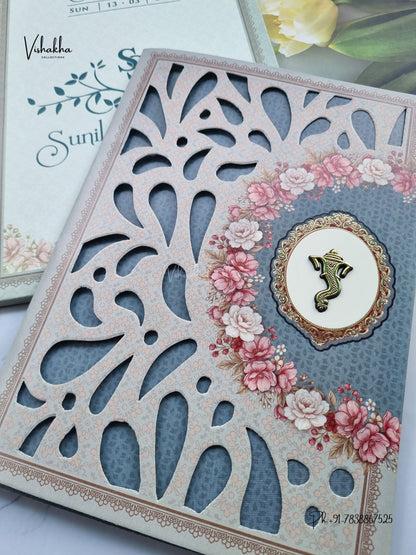 Semi Box Three Fold Ganesh Ji Flower Hindu Jain invitation Cards NA-1126-95 – image 2