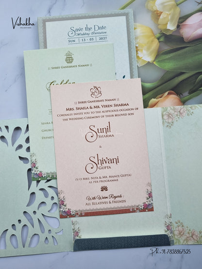 Semi Box Three Fold Ganesh Ji Flower Hindu Jain invitation Cards NA-1126-95 – image 3