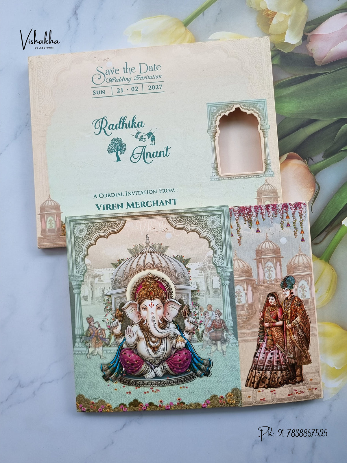 Semi Box Double Door Ganesh Ji Dulah Dulhan Hindu Jain invitation Cards NA-1126-97 – image 1