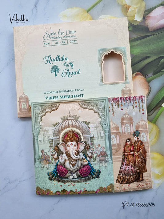 Semi Box Double Door Ganesh Ji Dulah Dulhan Hindu Jain invitation Cards NA-1126-97 – image 1