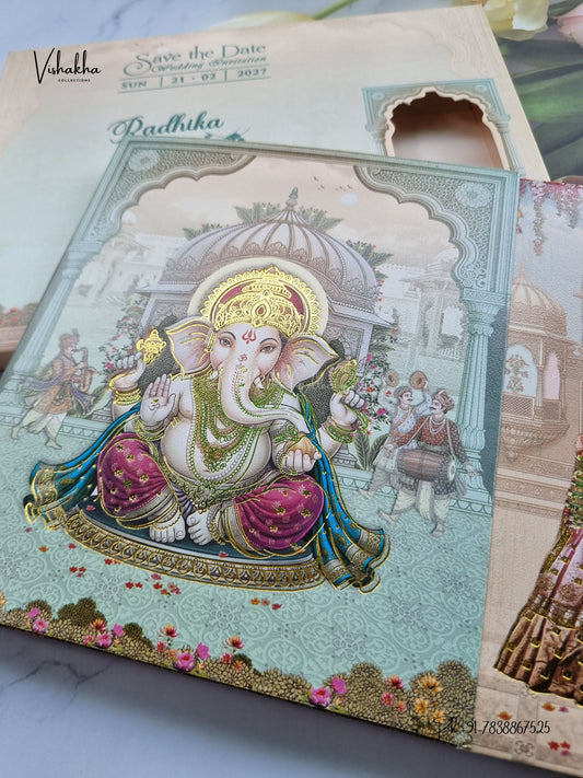 Semi Box Double Door Ganesh Ji Dulah Dulhan Hindu Jain invitation Cards NA-1126-97 – image 2