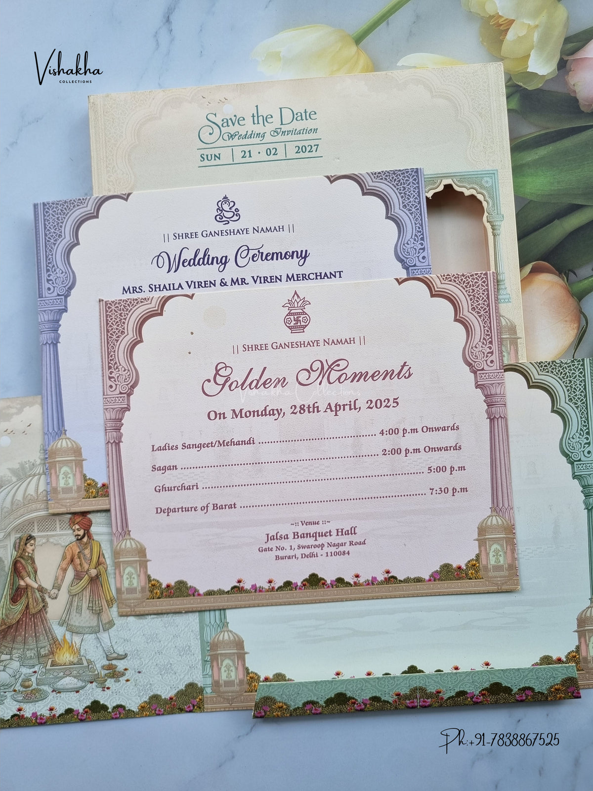 Semi Box Double Door Ganesh Ji Dulah Dulhan Hindu Jain invitation Cards NA-1126-97 – image 3