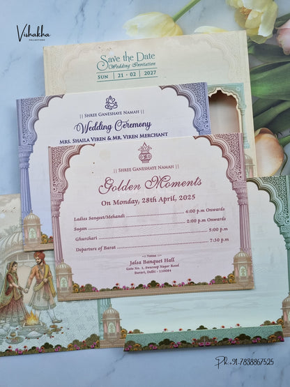 Semi Box Double Door Ganesh Ji Dulah Dulhan Hindu Jain invitation Cards NA-1126-97 – image 3