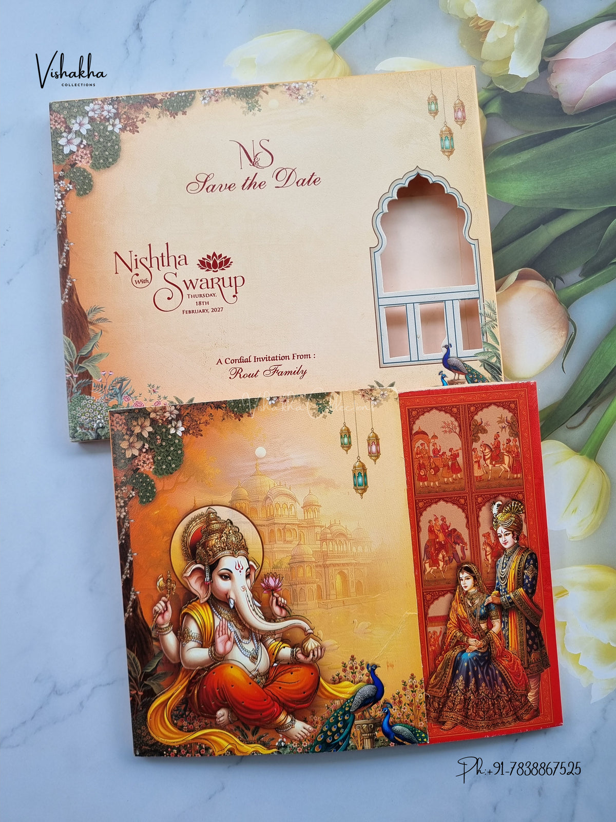Semi Box Double Door Ganesh Ji Dulah Dulhan Hindu Jain invitation Cards NA-1126-98 – image 1