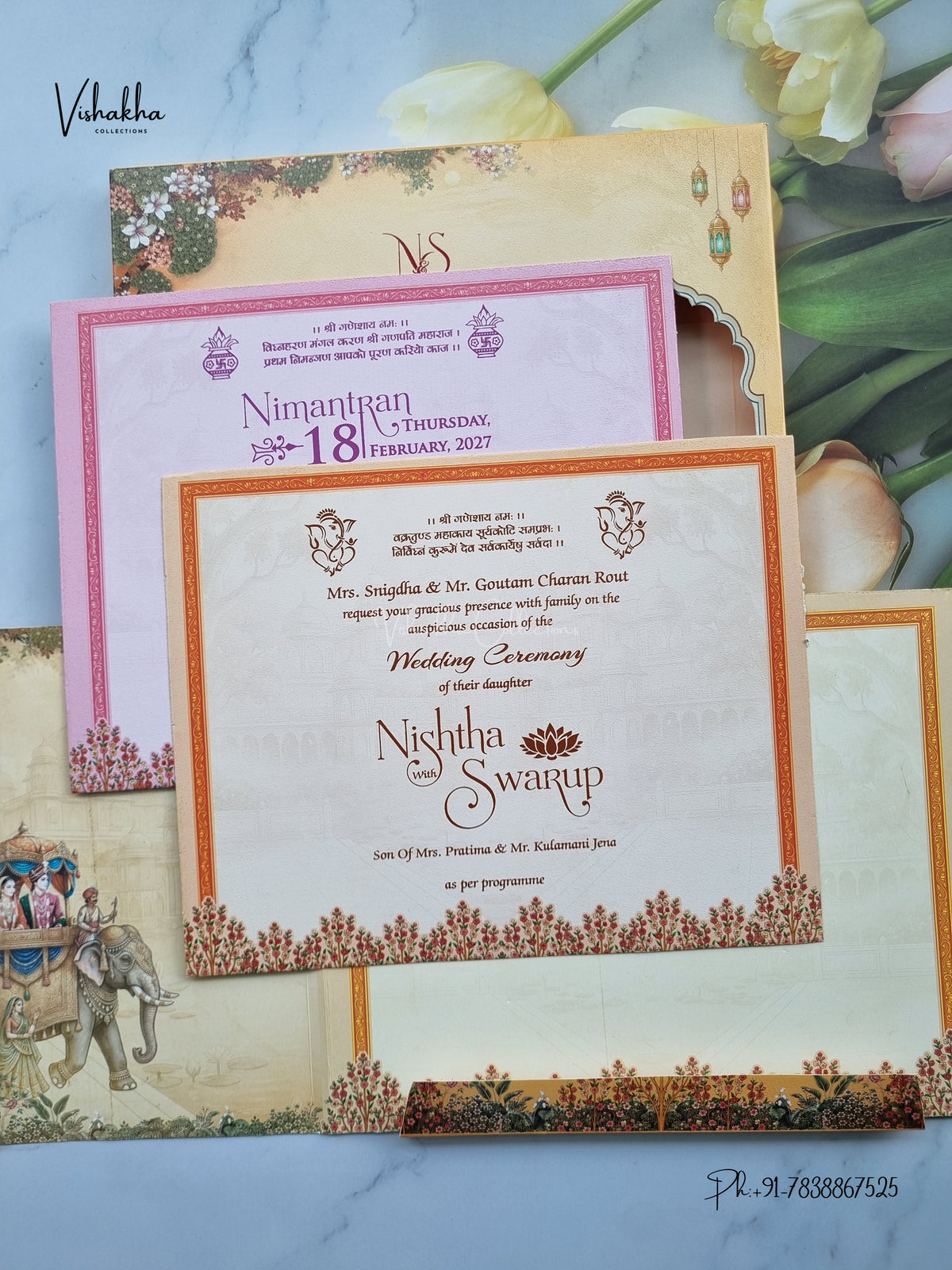 Semi Box Double Door Ganesh Ji Dulah Dulhan Hindu Jain invitation Cards NA-1126-98 – image 3