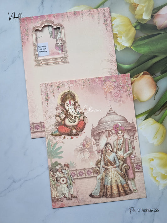 Single Insert Ganesh Ji Dulah Dulhan Hathi Hindu Jain invitation Cards SCH-9013 – image 1
