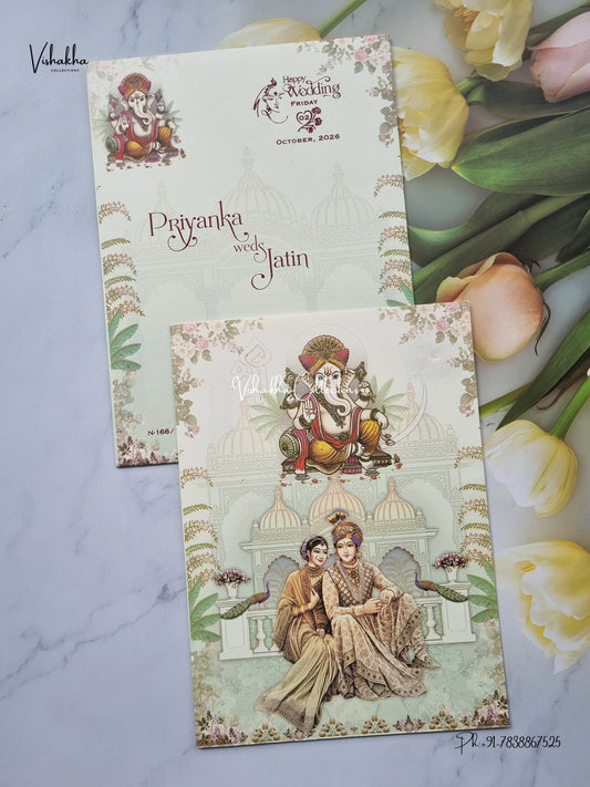 Single Insert Ganesh Ji Dulah Dulhan Peacock Hindu Jain invitation Cards SCH-B-75 – image 1