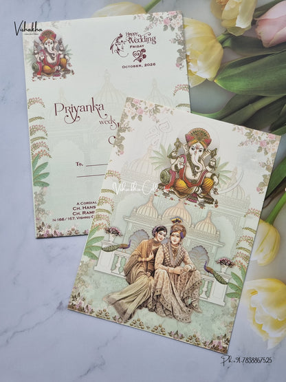 Single Insert Ganesh Ji Dulah Dulhan Peacock Hindu Jain invitation Cards SCH-B-75 – image 2